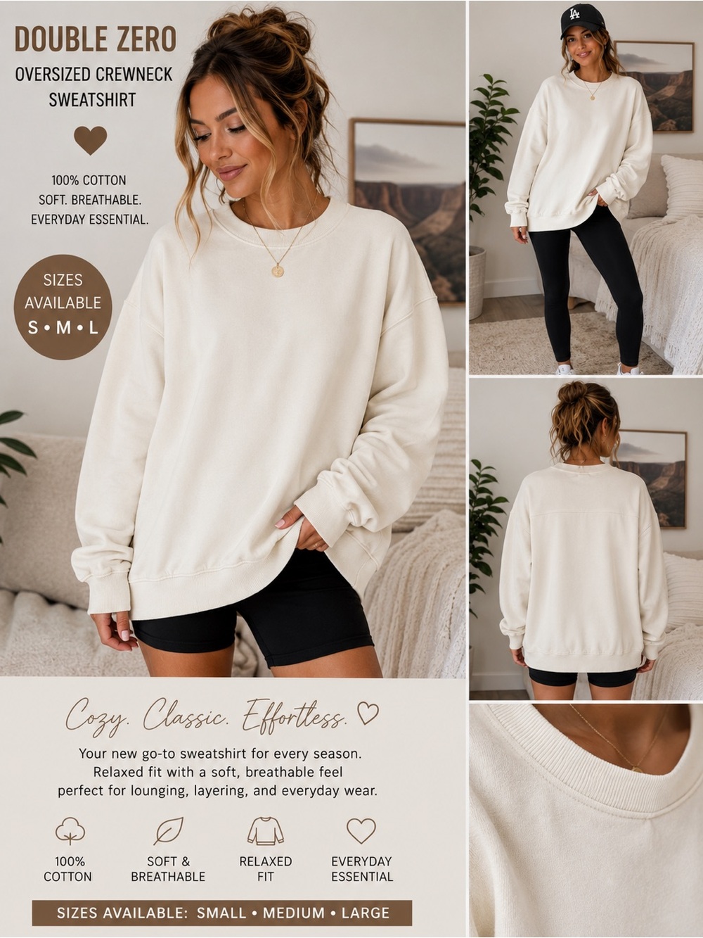 Double Zero Oversized Crewneck Sweatshirt - Cream